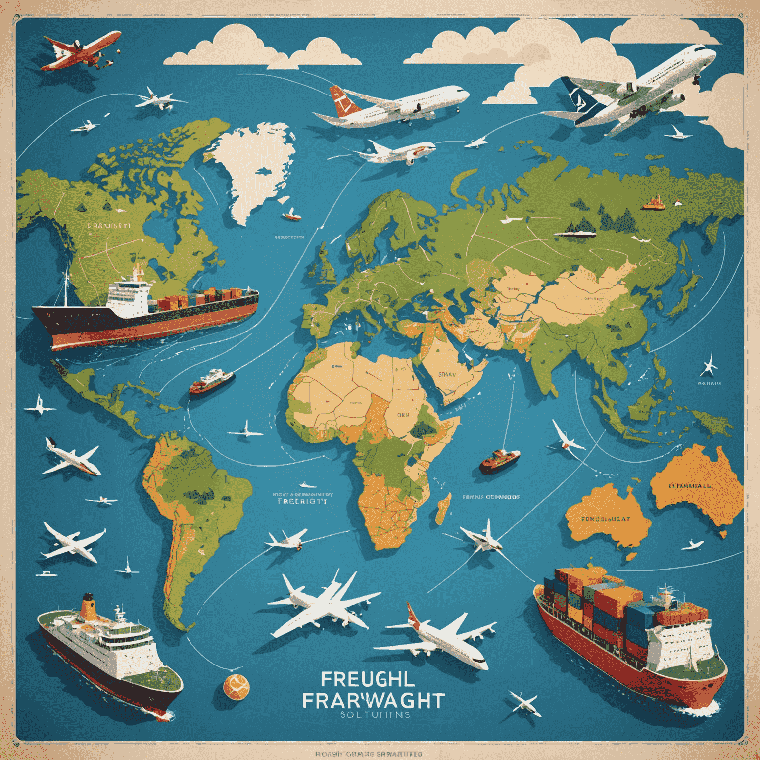 Illustration of a global map with various transportation modes including ships, planes, and trucks, representing comprehensive freight forwarding solutions