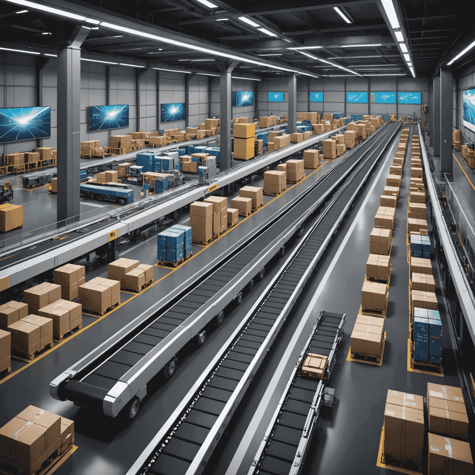 A futuristic logistics hub with automated systems handling various types of cargo. Sleek conveyor belts move packages, while robotic arms sort items. In the background, a large digital display shows real-time tracking information and global shipping routes.