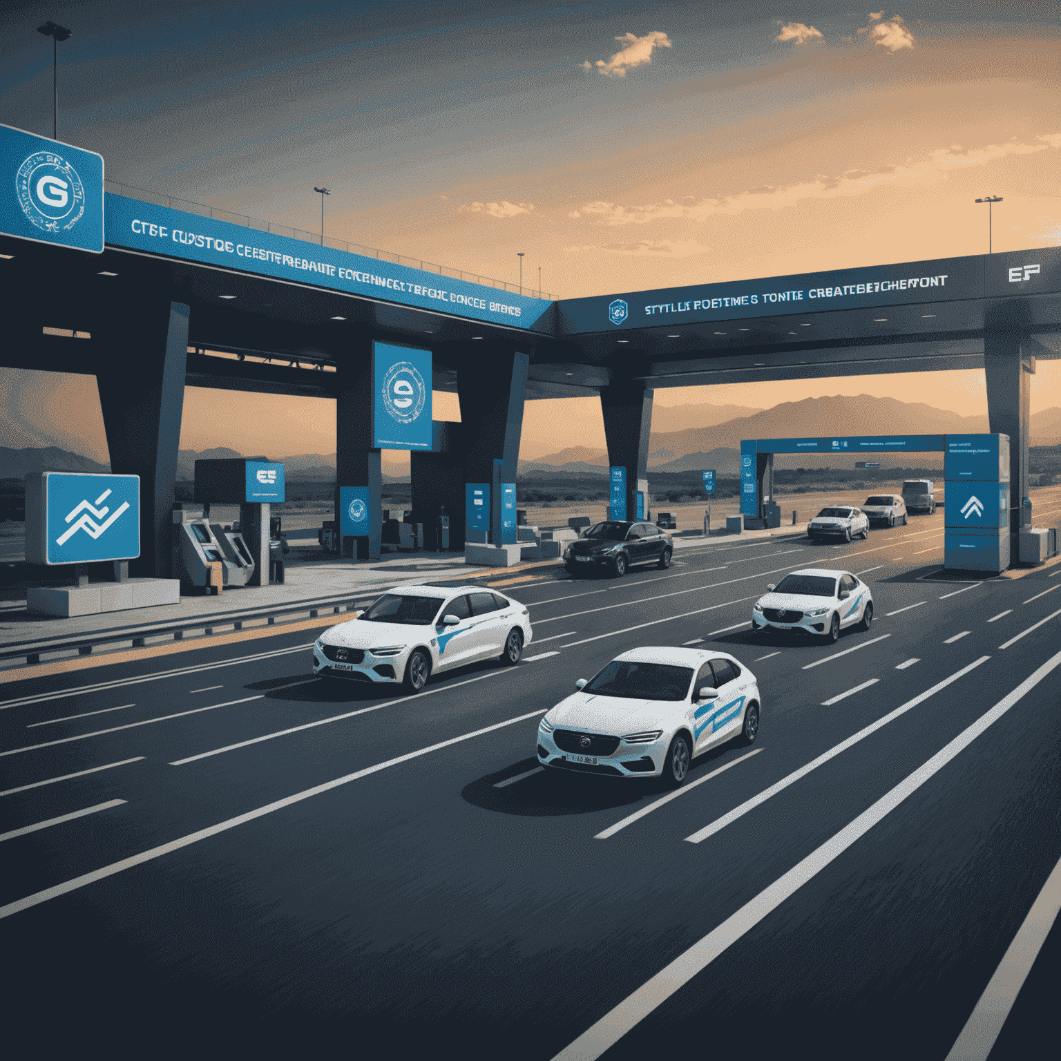 A futuristic visualization of customs clearance process, showing digital documents flowing through a stylized border checkpoint with EFS logo prominently displayed. The image emphasizes speed and efficiency in customs brokerage.