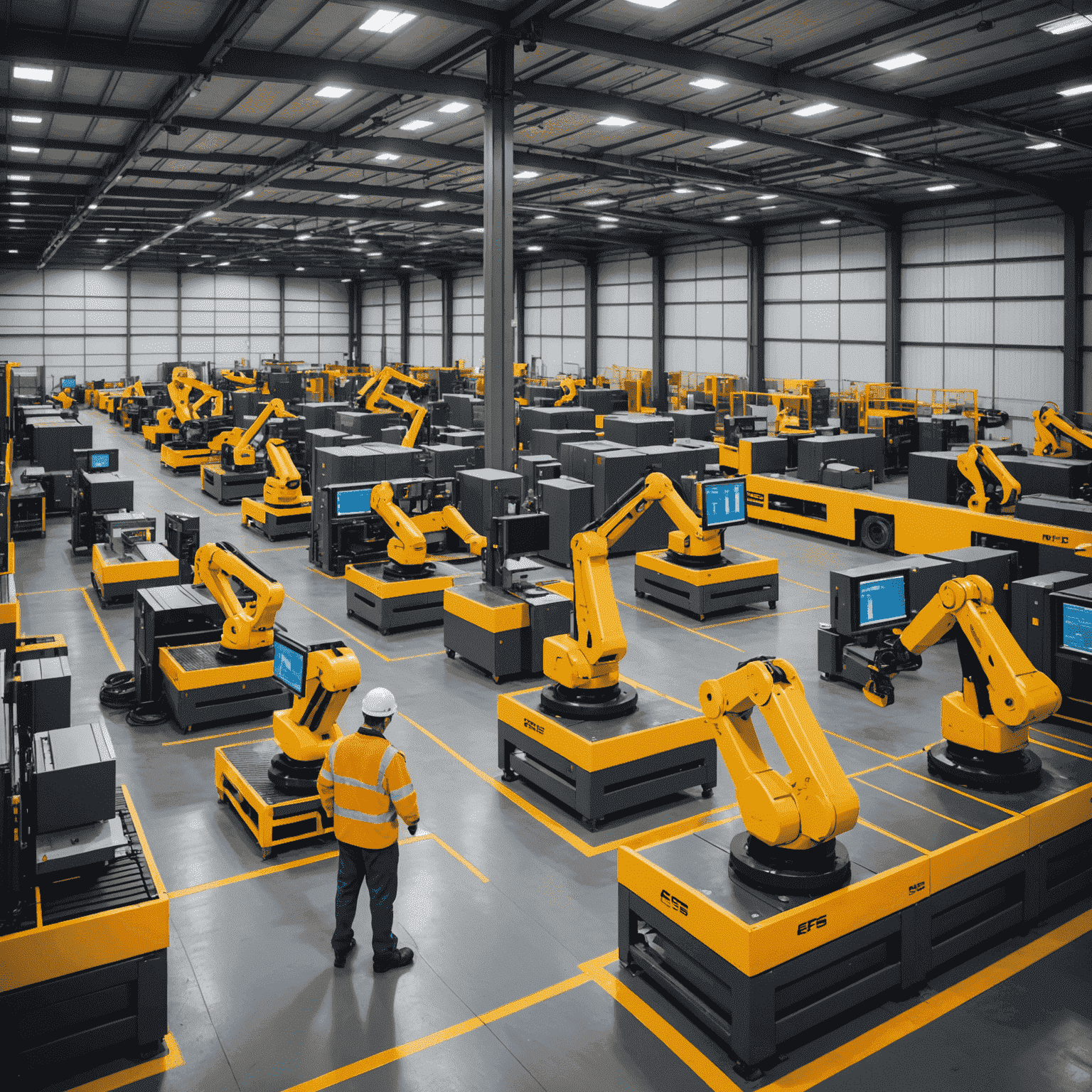 A modern, high-tech warehouse interior with automated systems, robotic arms, and conveyor belts. Workers in EFS uniforms are operating advanced computer terminals. The image showcases the cutting-edge technology and efficiency of EFS warehousing solutions.