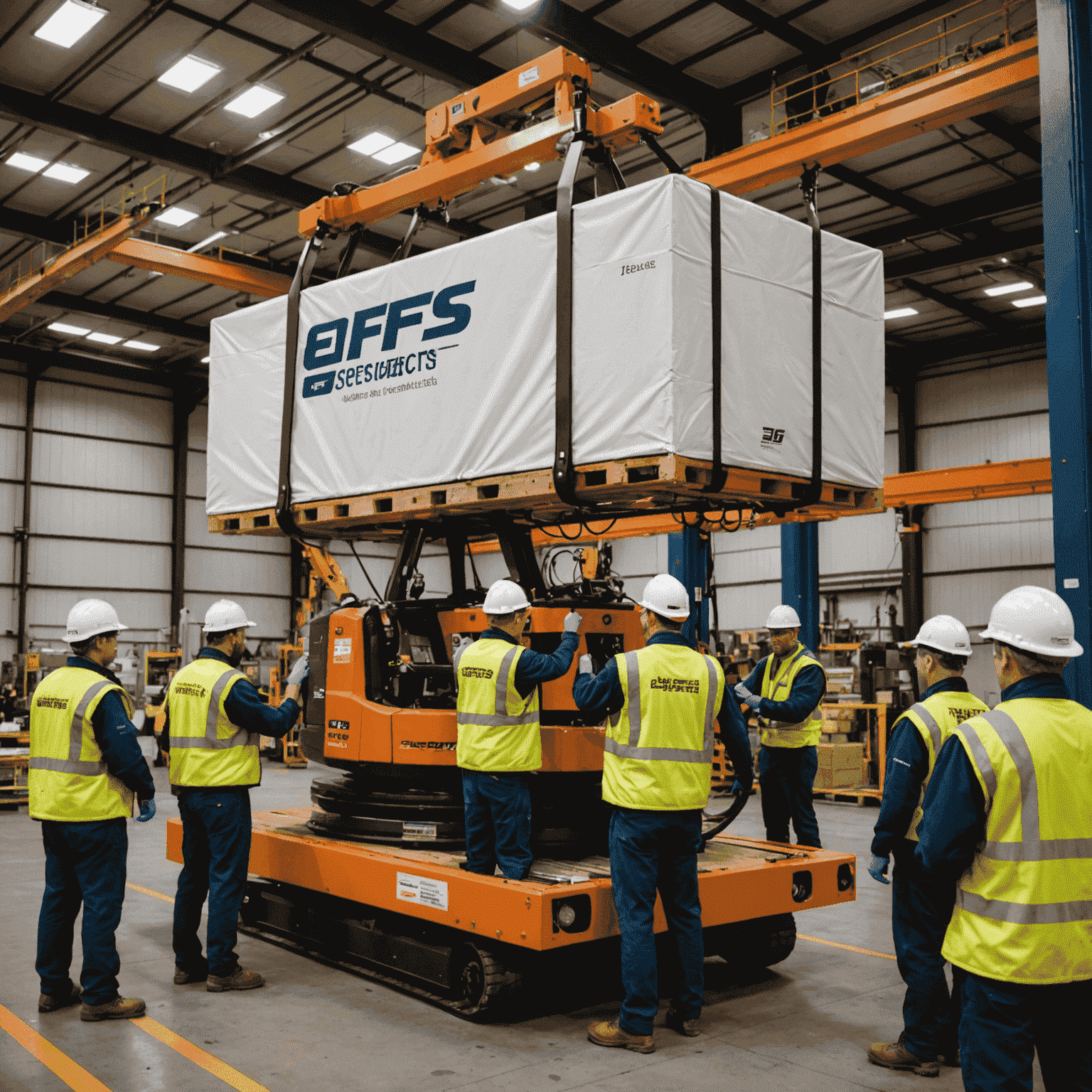 A team of EFS specialists carefully handling a large, fragile piece of equipment using specialized lifting gear and protective packaging